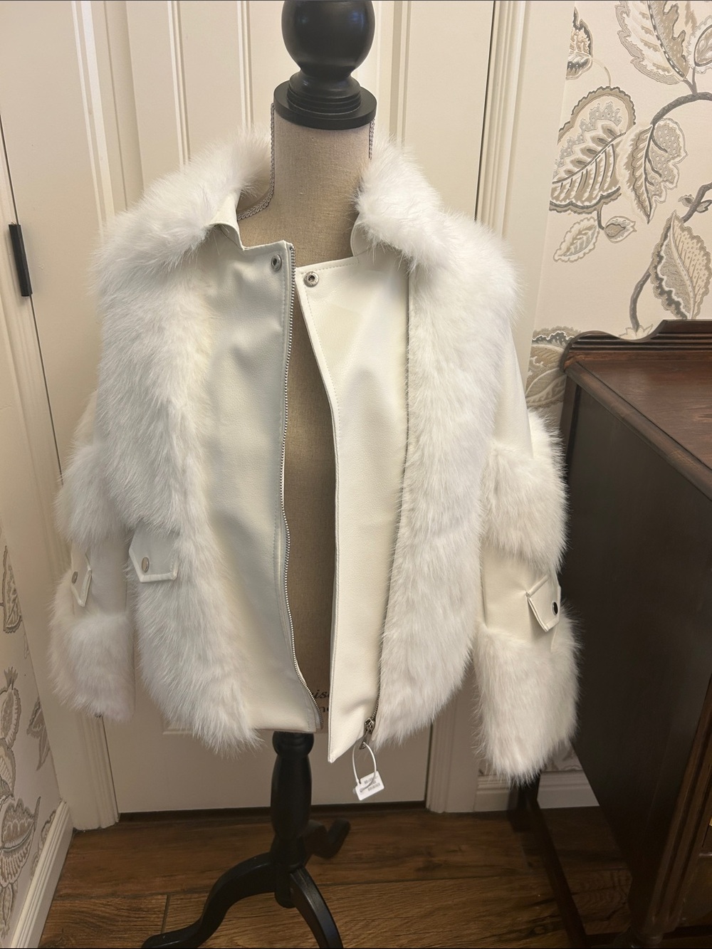 White Faux Fur Trim Jacket - Women's Coat